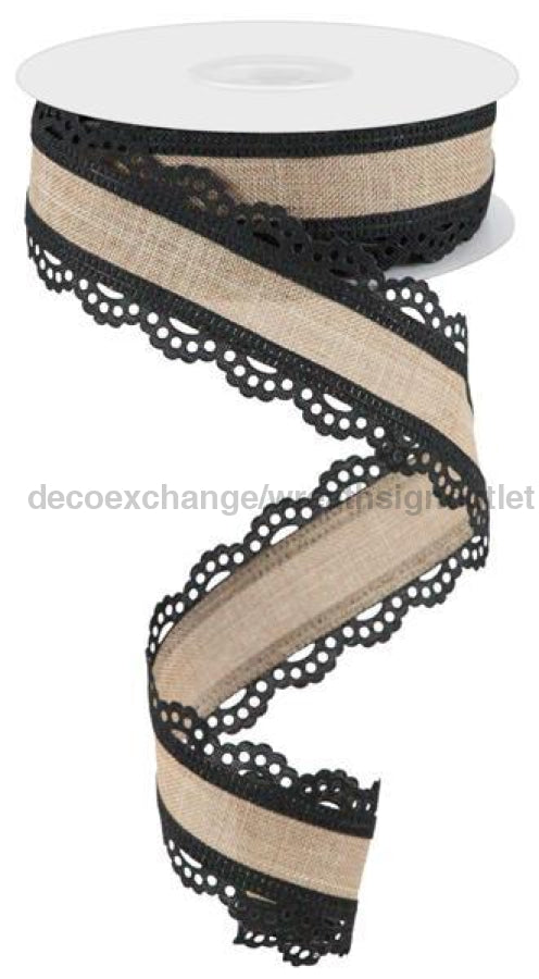 1.5"X10Yd Scalloped Edge Royal Burlap Black/Light Beige RGA154159 - DecoExchange