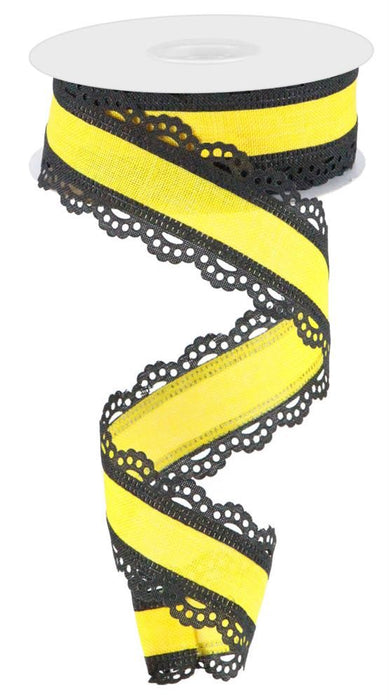 1.5"X10Yd Scalloped Edge Royal Burlap Sun Yellow/Black RGA154157 - DecoExchange