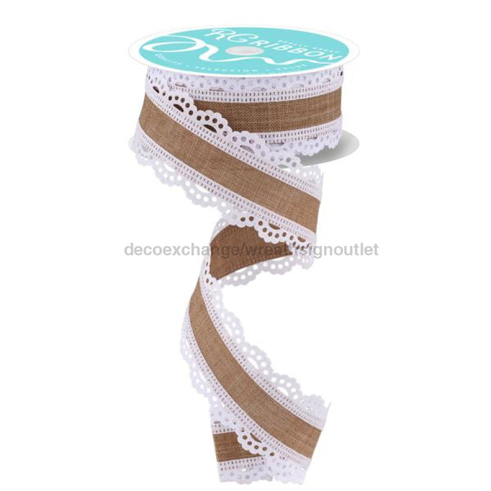 1.5X10Yd Scalloped Edge Royal Burlap White/Light Beige Rga154101 Ribbon