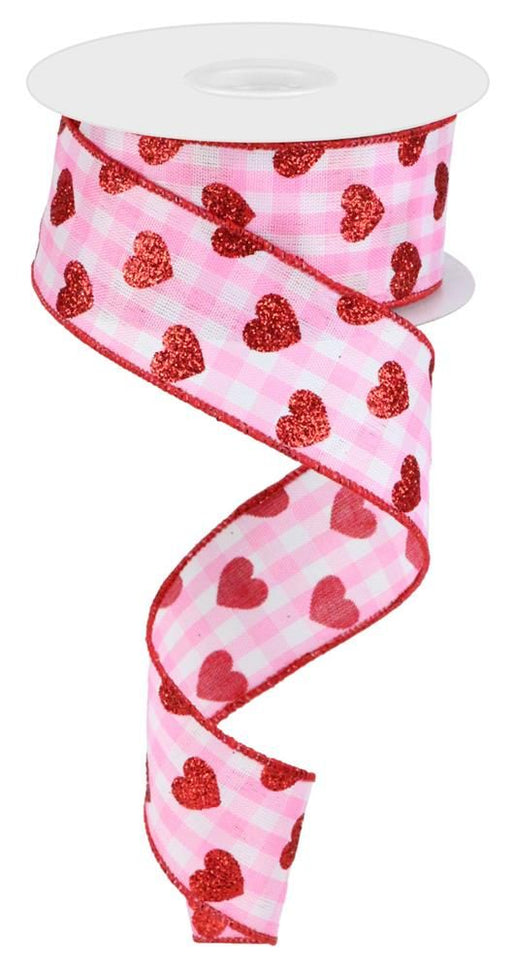 1.5"X10Yd Small Glitter Hearts/Check Light Pink/White/Red RGA1743WT - DecoExchange