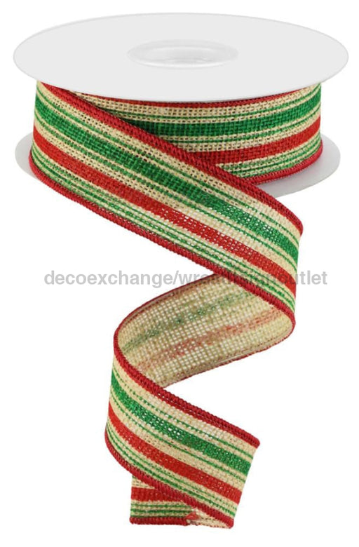 1.5"X10Yd Vertical Stripe/Faux Burlap Natural/Dark Red/Emerald RGC146918 - DecoExchange