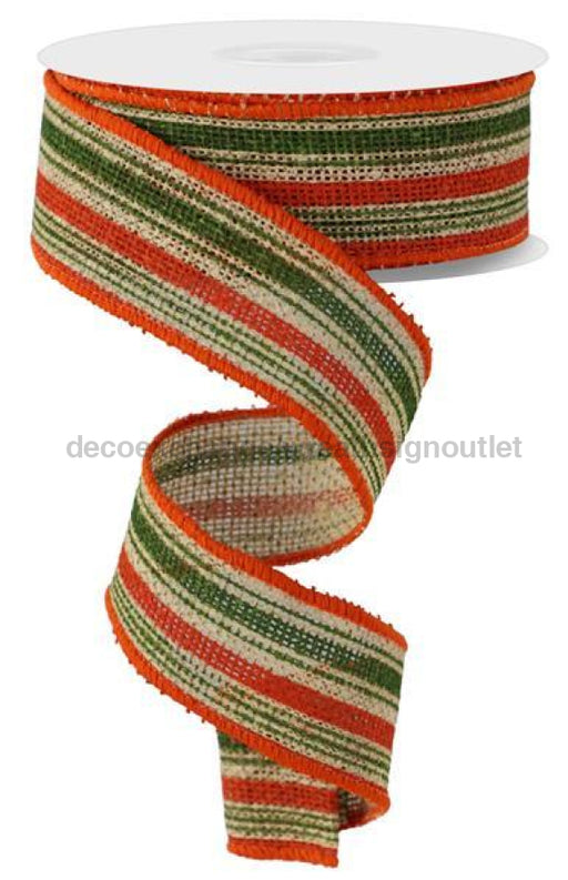 1.5"X10Yd Vertical Stripe/Faux Burlap Natural/Orange/Moss RGC1469T3 - DecoExchange