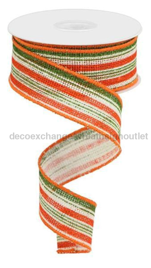 1.5"X10Yd Vertical Stripe/Faux Burlap Off White/Orange/Moss Green RGC146633 - DecoExchange
