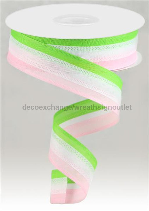1.5"X25Yd 3-In-1 Value Faux Burlap Fresh Green/White/Pink RC500689 - DecoExchange