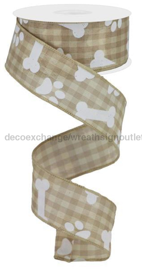 1.5"X50Yd Pawprints/Bones Gingham Check Beige/Cream/White RGA589701 - DecoExchange