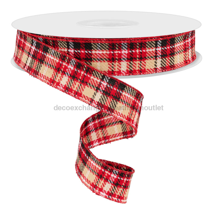 1.5’X50Yd Woven Plaid Red/Black/Beige/White Rl3404 Ribbon