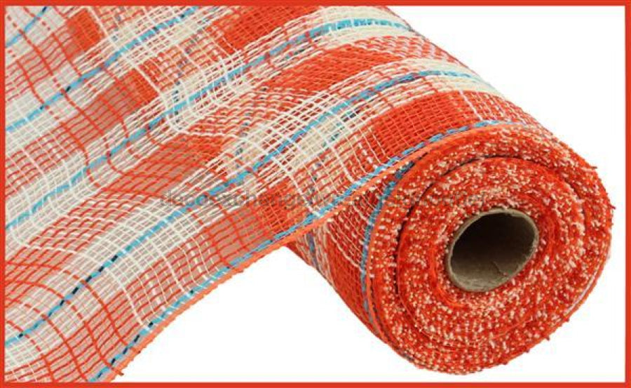 10.25"X10Yd Faux Jute/Check/Foil Mesh Cream/Orange/Turquoise RY8022T7 - DecoExchange®