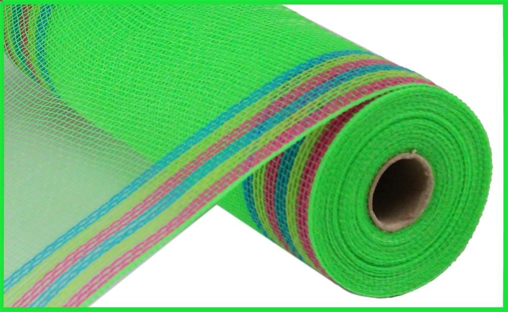 10.25"X10Yd Faux Jute/Polypropylene/Border Stripe Lime/Hot Pink/Fresh Green/Turquoise RY8326M3 - DecoExchange