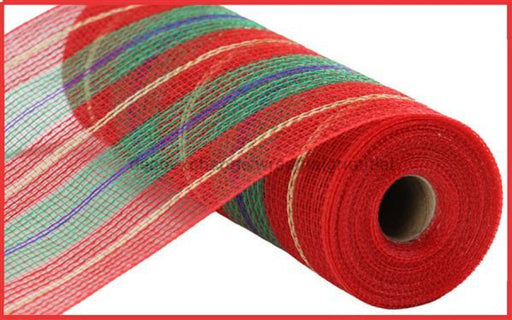 10.25"X10Yd Faux Jute/Thick Stripe Mesh Red/Emerald/Ryl Blue/Gold RY8334X7 - DecoExchange®