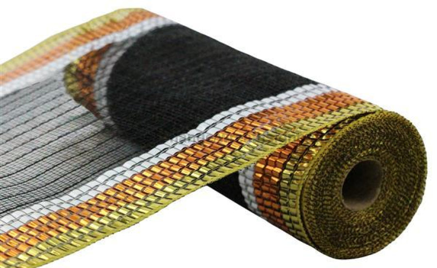10.25"X10Yd Matte/Faux Jute Border Mesh Black/Gold/Orange/White RY8037FW - DecoExchange®