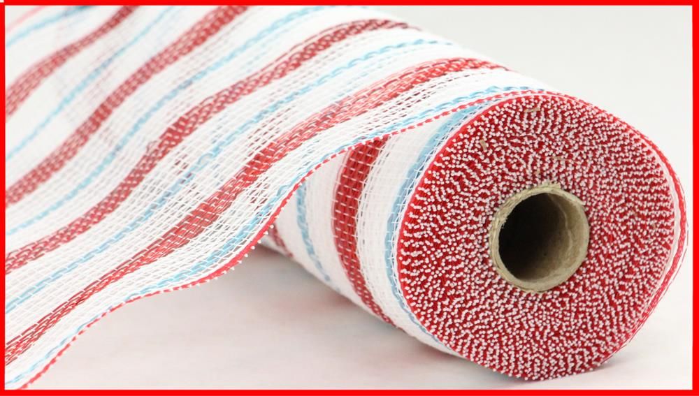 10.25"X10Yd Poly/Faux Jute/Metallic Mesh White/Red/Ice Blue RY8020R6 - DecoExchange