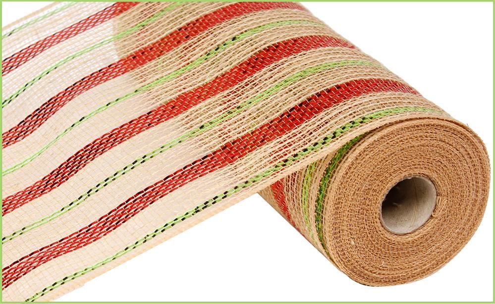 10.25"X10Yd Poly/Jute/Metallic Mesh Natural/Red/Lime Green RY800934 - DecoExchange