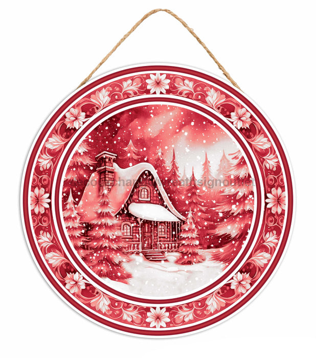 10.5’’Dia Mdf Winter Cabin Scene Sign Red/White AP742424 Sign