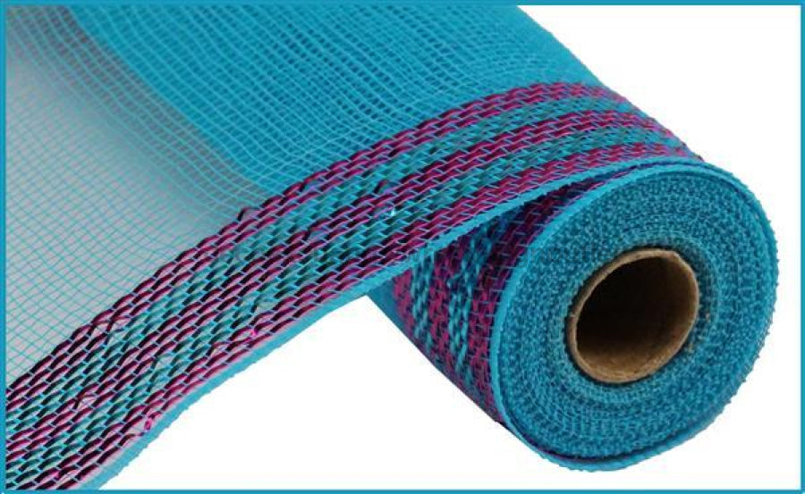10.5"X10Yd Border Stripe Metallic Mesh Turquoise/Hot Pink RY8503F9 - DecoExchange