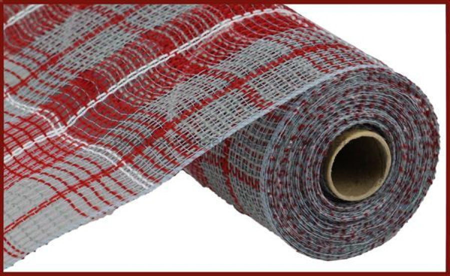 10.5"X10Yd Faux Jute/Lg Plaid Mesh Grey/Red/White RY8331N4 - DecoExchange