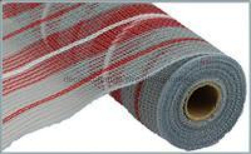 10.5"X10Yd Faux Jute/Thick Stripe Mesh Grey/Red/White RY8330N4 - DecoExchange