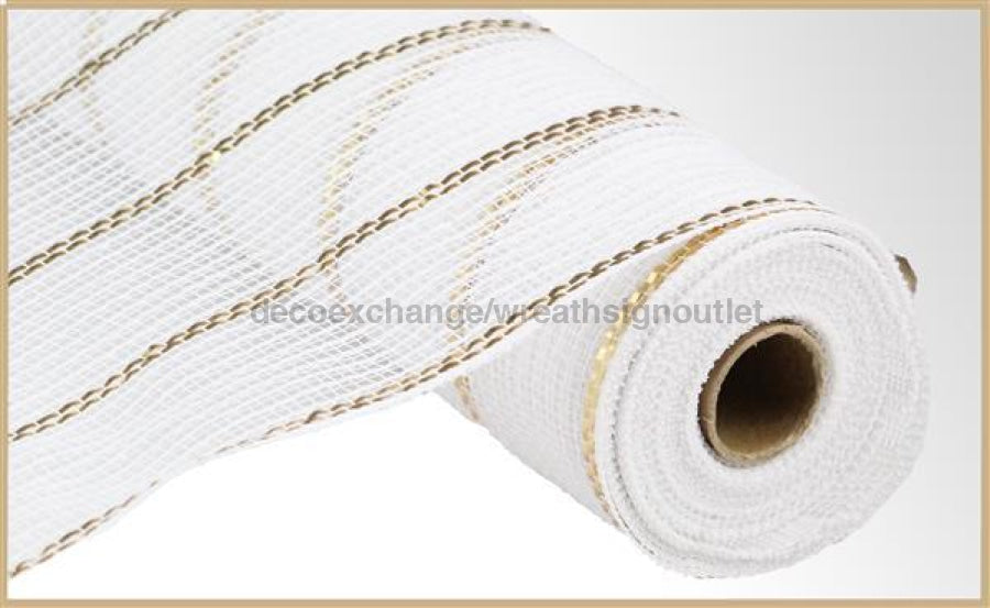 10.5"X10Yd Poly/Jute/Metallic Mesh White/Matte Gold RY8329N2 - DecoExchange