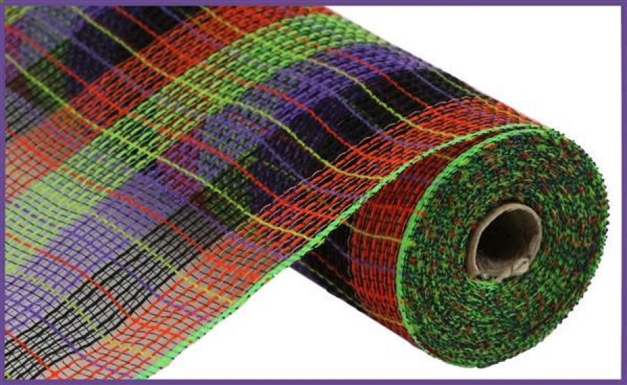 10.5"X10YD PP/FAUX JUTE SMALL CHECK MESH ORG/BLK/FRESH GRN/PRPL RY8323D2 - DecoExchange
