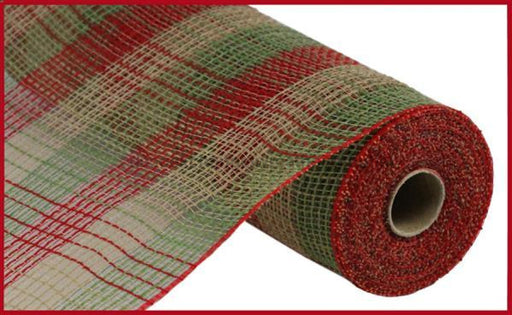 10.5"X10Yd Pp/Faux Jute Small Check Mesh Moss/Red/Natural RY8322D3 - DecoExchange