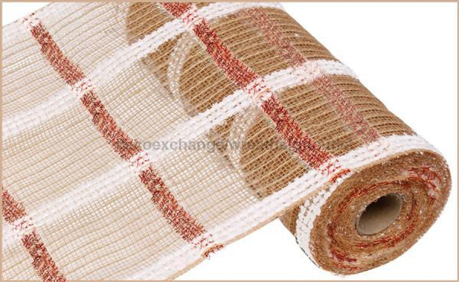 10.5"X10YD SNOWDRIFT/JUTE/TINSEL CHECK Natural/Red/White RY810678 - DecoExchange