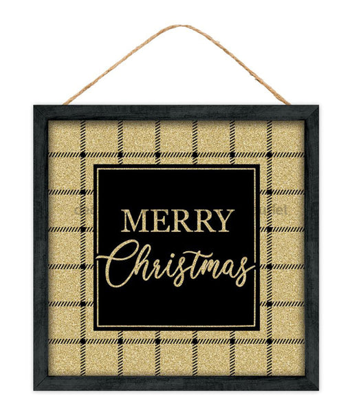 10’’Sq Glitter Plaid Merry Christmas Sign Black/Gold AP7875 Sign