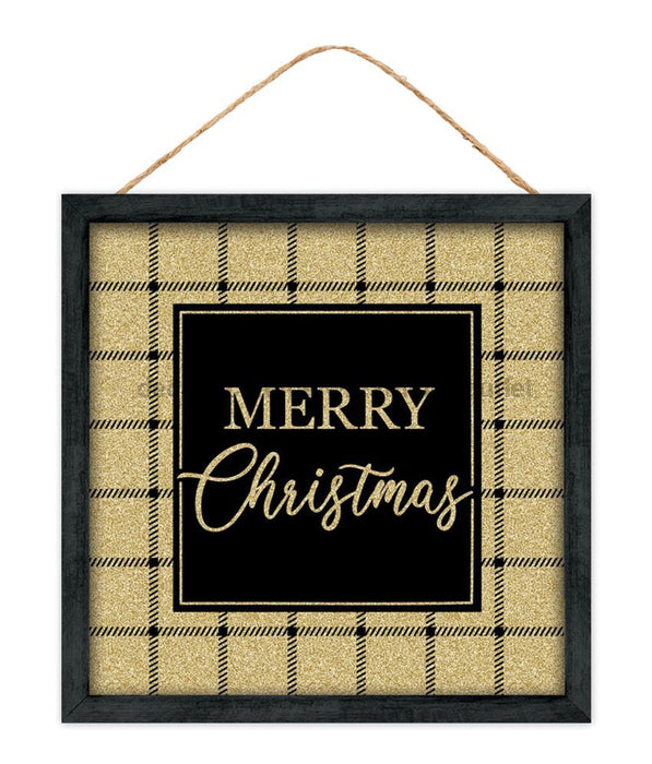 10’’Sq Glitter Plaid Merry Christmas Sign Black/Gold AP7875 Sign
