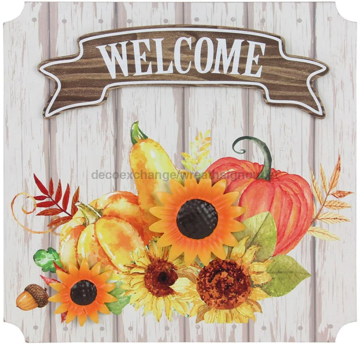 10’Sq Metal Welcome/ Sunflowers Decor White/Yellow/Orange/Brown Ha9024 Sign