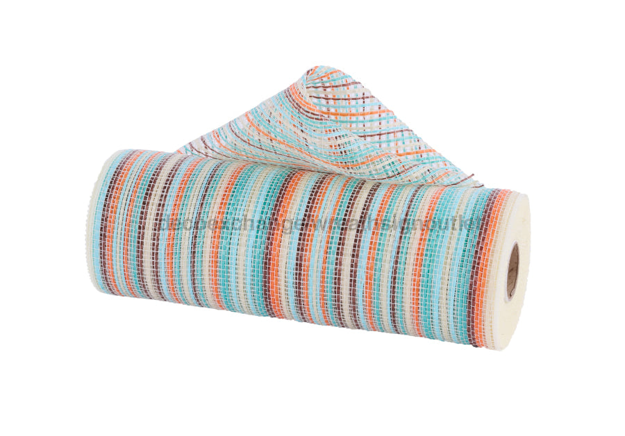 10’’X10Yd Vertical Multicolor Stripe Mesh Blue/Orange/Teal/Brn/Crm RE1369YF Mesh