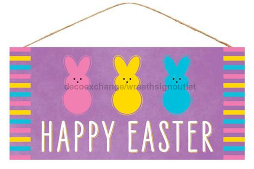 12.5"L X 6"H Happy Easter/3 Bunny Sign Purple/Pink/Ylw/Blue/Wht AP8776 - DecoExchange