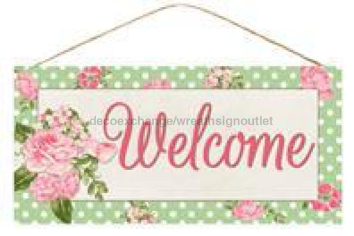 12.5"L X 6"H Welcome Floral Sign Green/Pink/White AP8593 - DecoExchange