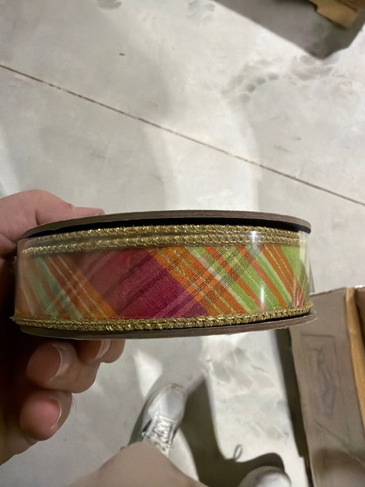 1“ x 10yds dupion bias cut plaid, hot pink lime orange - DecoExchange®