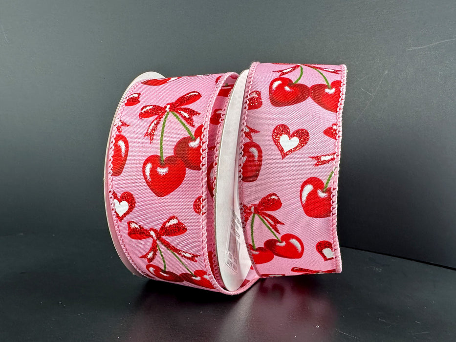Pnk Stn/Hrt Cherries With A Bow, 1.5"X10Y 12604-09-03 - DecoExchange®