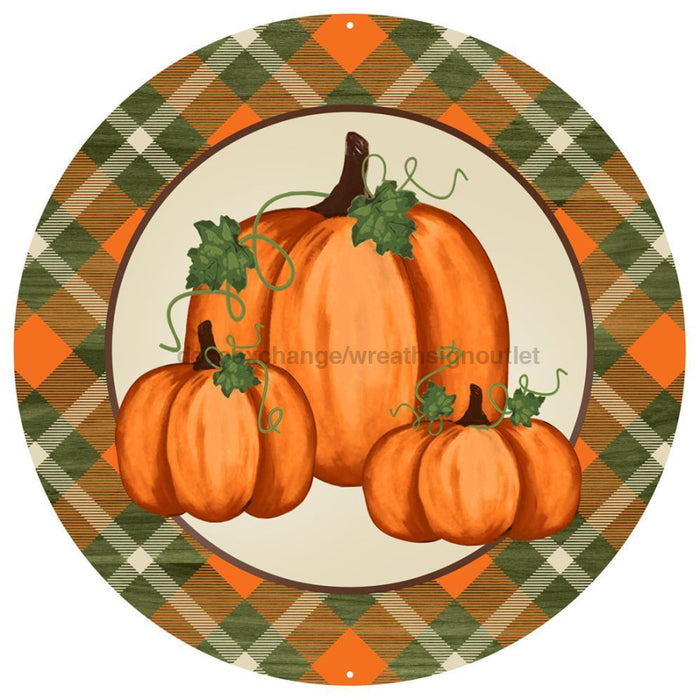 12"DIA METAL PUMPKIN/PLAID ORANGE/MOSS/CREAM MD0432 - DecoExchange