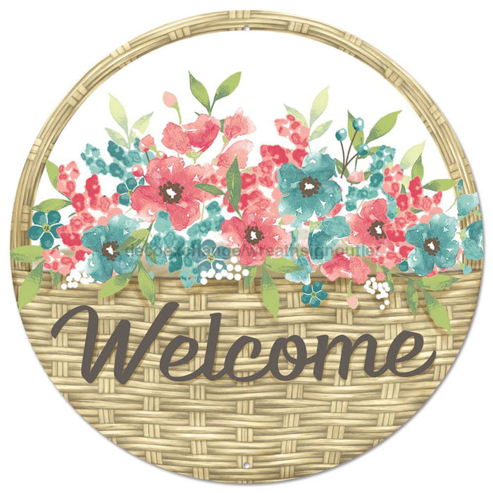 12’’Dia Metal Welcome Flower Basket Sign Green/Multi Md1332
