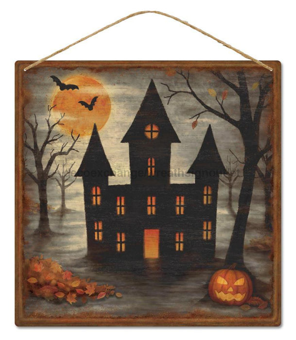 12’’Sq Galvanized Haunted House Sign Orng/Red/Blk/Gry/Beige MD1171 Sign