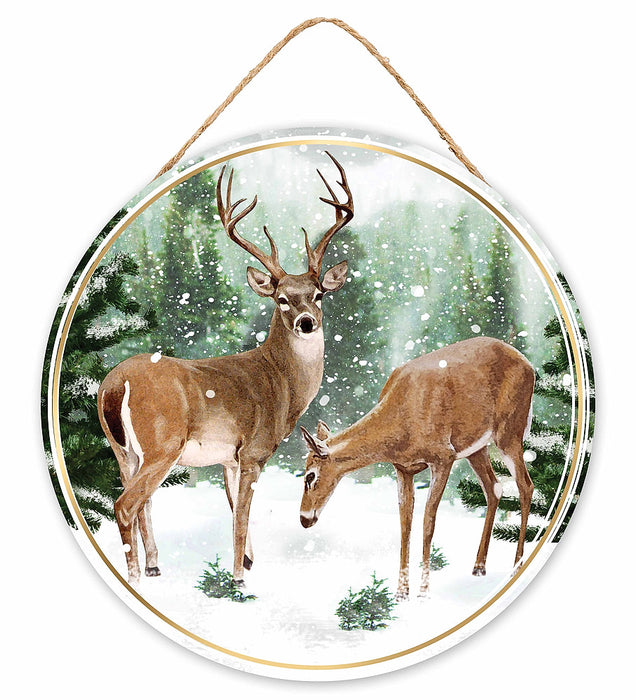 10.5"Dia Mdf Winter Deer Scene Sign Green/White/Brown/Tan AP7475