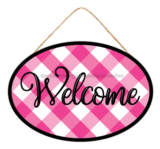 15"L X 10.35"H Oval Plaid Welcome Sign Hot Pink/Black/White AP739811 - DecoExchange