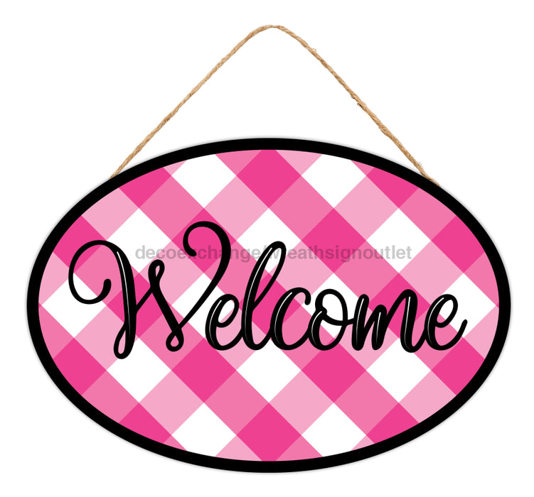 15"L X 10.35"H Oval Plaid Welcome Sign Hot Pink/Black/White AP739811 - DecoExchange