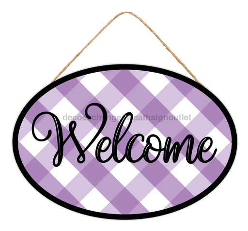 15"L X 10.35"H Oval Plaid Welcome Sign Lavender/Black/White AP739813 - DecoExchange