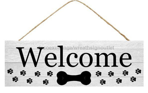 15"L X 5"H Welcome W/Dog Bone/Paws Sign Grey AP801910 - DecoExchange