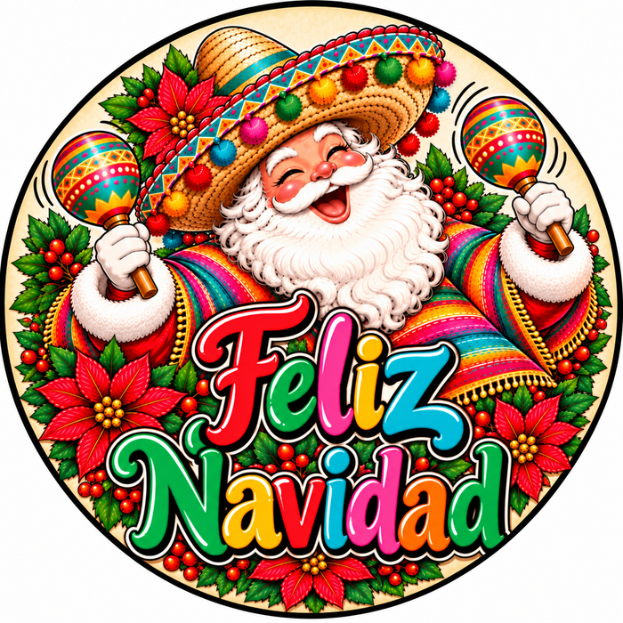 Feliz Navidad Sombrero Santa with Maracas Round, DBJ-W-0128, 12in Sign For Wreath, Wood Wreath Sign