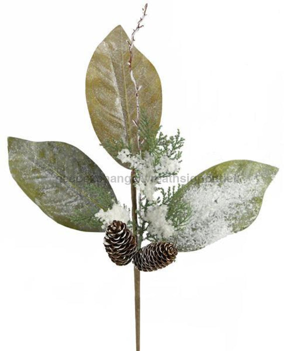 18"L Magnolia Leaf/Cedar/Cone Pick Tt Green/Natural With Snow XX2312 - DecoExchange