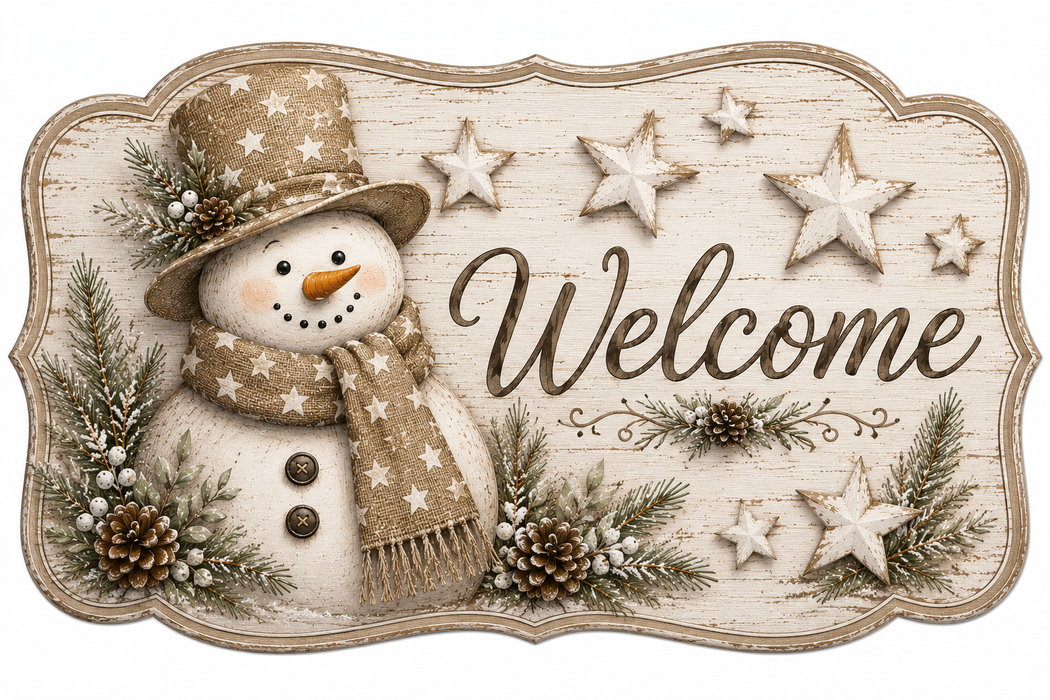 Welcome Neutral Star Snowman, MF-W-0107, 12in Sign For Wreath, Wood Wreath Sign