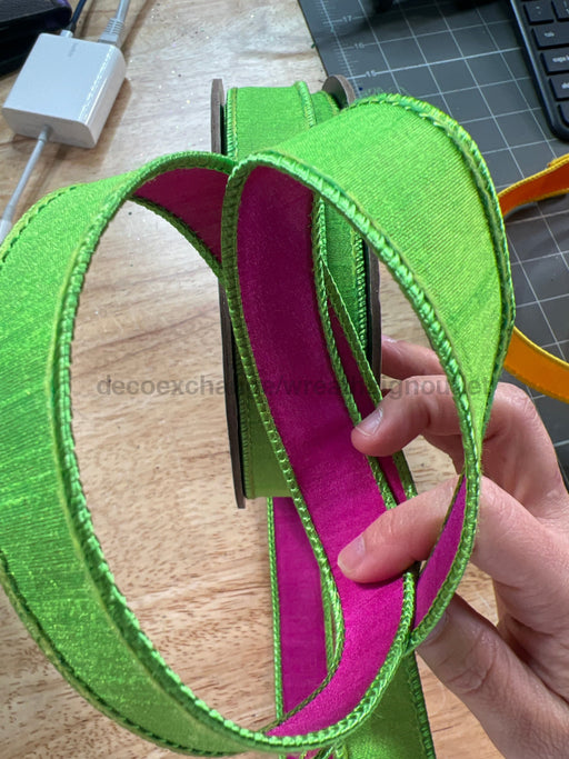 1’’X 25Yds Double Sided Dupion Hot Pink Lime Green Ds-05-1534 Ribbon
