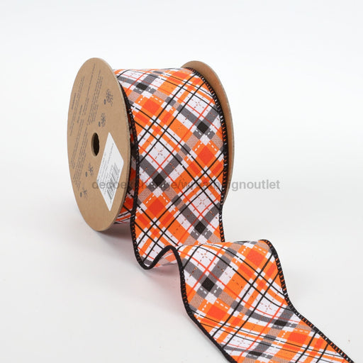 2 1/2’ Wired Ribbon | ’Halloween Plaid’ White/Org/Black 10 Yard Roll Wr-10111-063-10