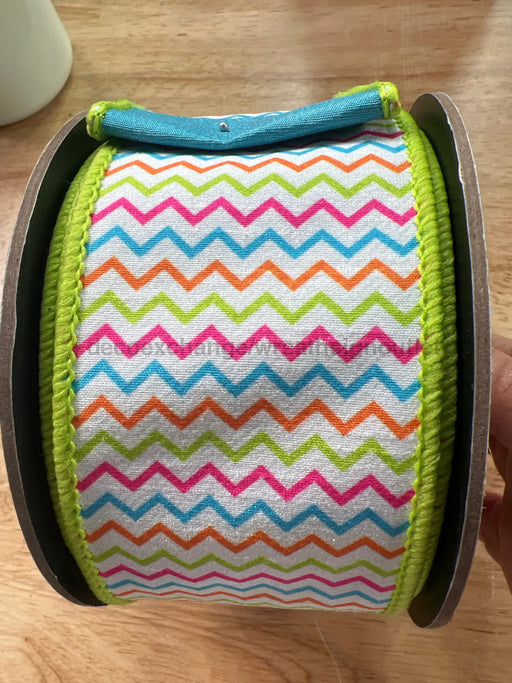 2.5’’ X Loyds Dupion Colorful Chevron Pattern Pink Orange Teal Lime Ds-05-1570 Ribbon