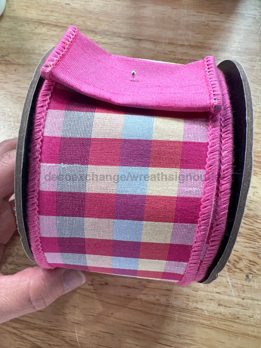2.5’’ X Loyds Faux Dupion Check Hot Pink Back Blue Pate Yellow Ds-87-1654 Ribbon