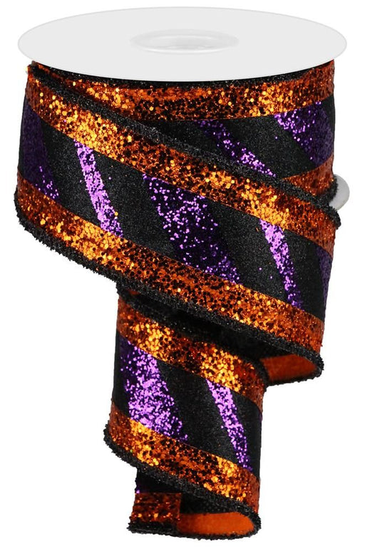 2.5"X10Yd 3-In-1 Diagonal Glitter Stripe Purple/Black/Orange RG8966GE - DecoExchange