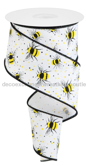 2.5’’X10Yd Bumble Bee On Diagonal Weave White/Yellow/Black Rgc1798J3 Ribbon