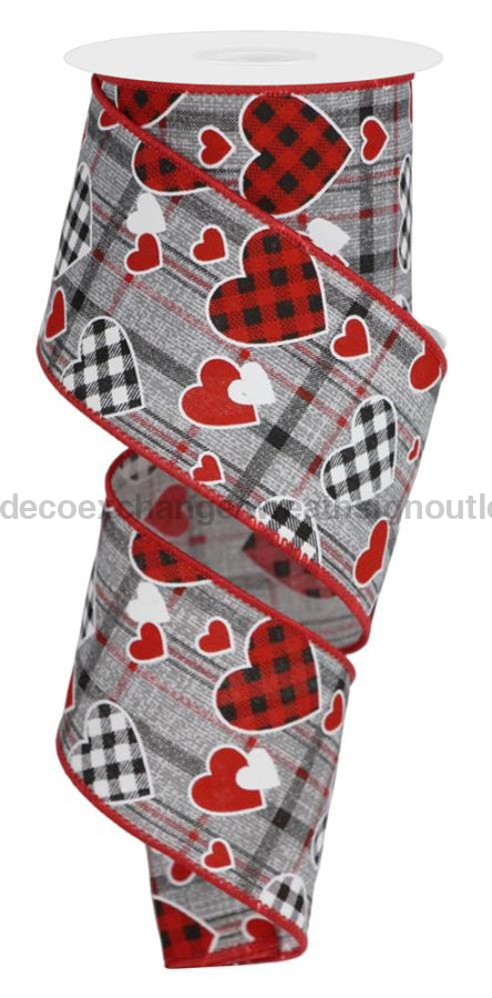 2.5’’X10Yd Check Heart/Mini Heart/Plaid Grey/Black/Red/White RGE107710 Ribbon